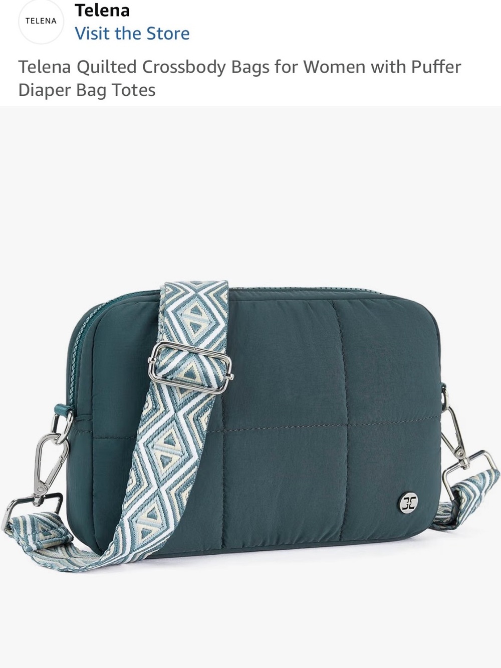 Authentic Telena Quilted Nylon Crossbody Bag in Teal Blue w Patterned Strap-NWT